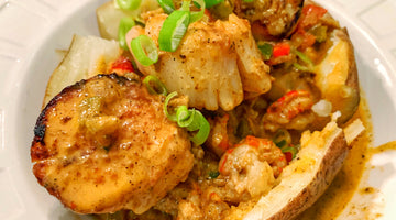 Chilau Loaded Baked Potato with Scallops and Crawfish