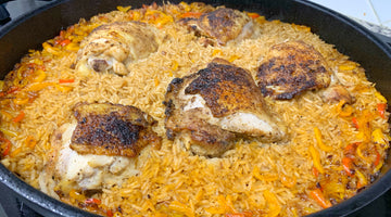 Chicken and Rice in cast iron skillet