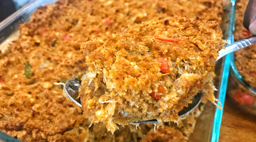 Deviled Crab Corn Bread Dressing with Chilau Sauce